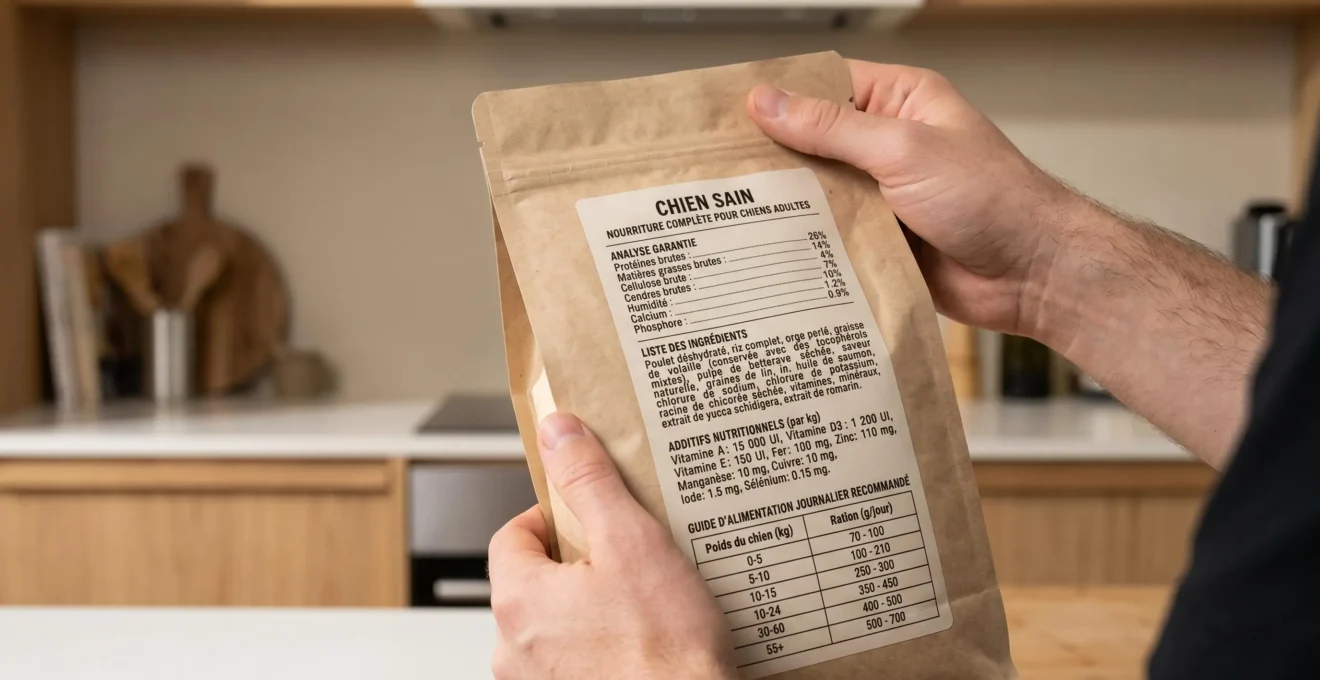 Mains tenant un sachet de croquettes pour chien avec l'étiquette nutritionnelle en français visible en détail montrant la composition et les taux de protéines