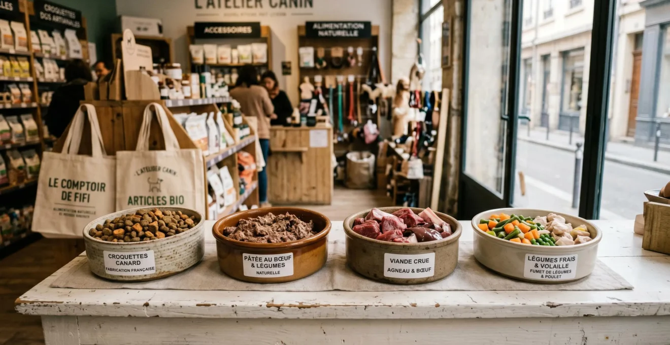 Quatre gamelles alignées sur un comptoir d'animalerie contenant différents types d'aliments pour chien : croquettes, pâtée, viande crue et légumes frais, dans un décor de magasin français