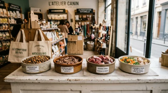 Quatre gamelles alignées sur un comptoir d'animalerie contenant différents types d'aliments pour chien : croquettes, pâtée, viande crue et légumes frais, dans un décor de magasin français