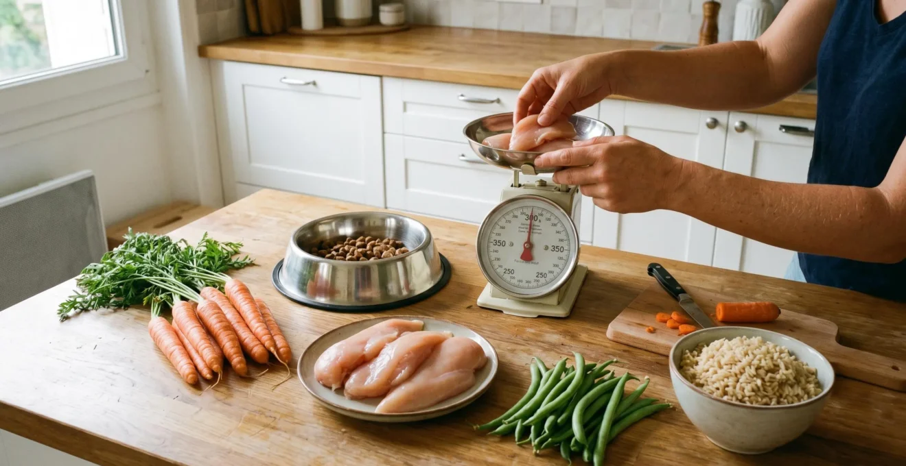 Vue de dessus d'un comptoir de cuisine avec ingrédients frais disposés pour préparer une ration ménagère pour chien : viande crue, légumes, riz et balance de cuisine